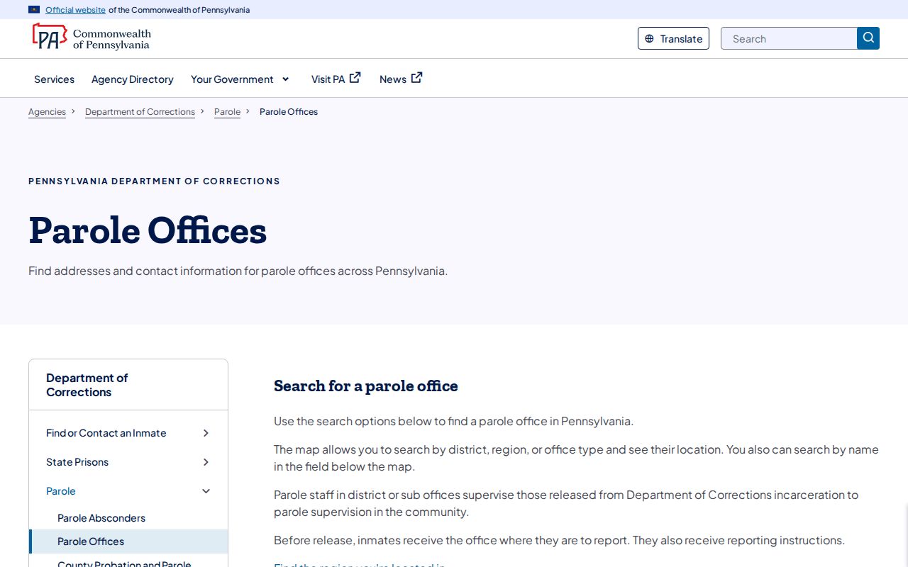 Montgomery County state parole supervision PADOC office directory
