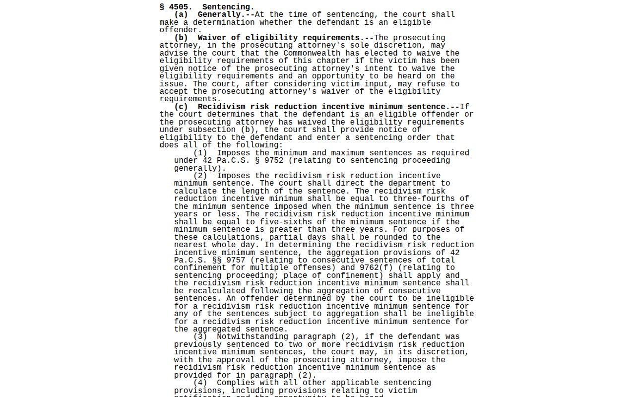 Montgomery County projected release date Pennsylvania RRRI minimum statute