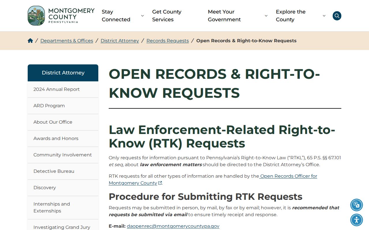 Montgomery County law-enforcement Right-to-Know request instructions for booking records