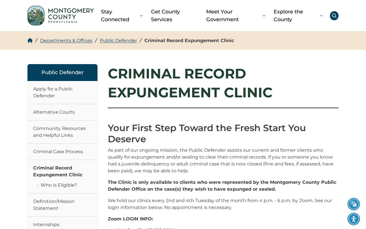 Montgomery County Public Defender criminal record expungement clinic page